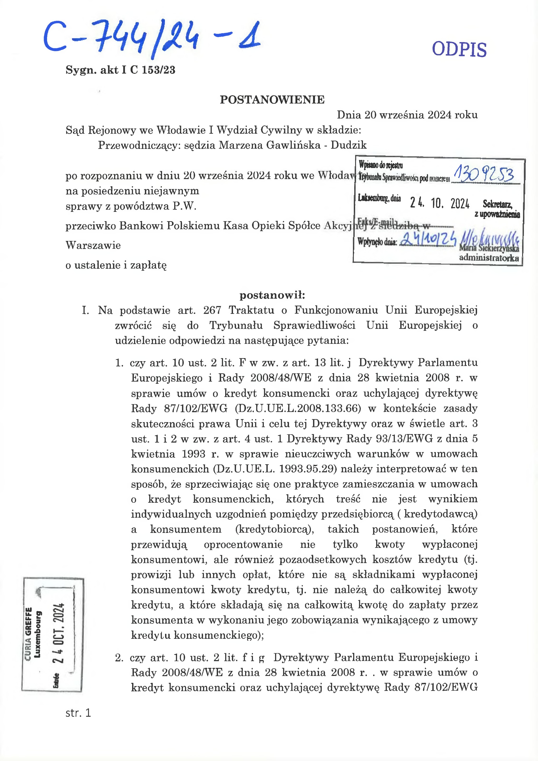 Pierwsza strona postanowienia Sądu Rejonowego we Włodawie z 20 września 2024 r. w sprawie I C 153/23 z pytaniami prejudycjalnymi do TSUE C-744/24